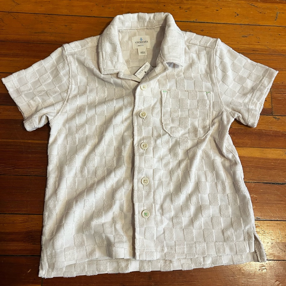 J.Crew Crewcuts NWT Cream Velour Checkerboard Print Boys Collared Shirt Size 4-5